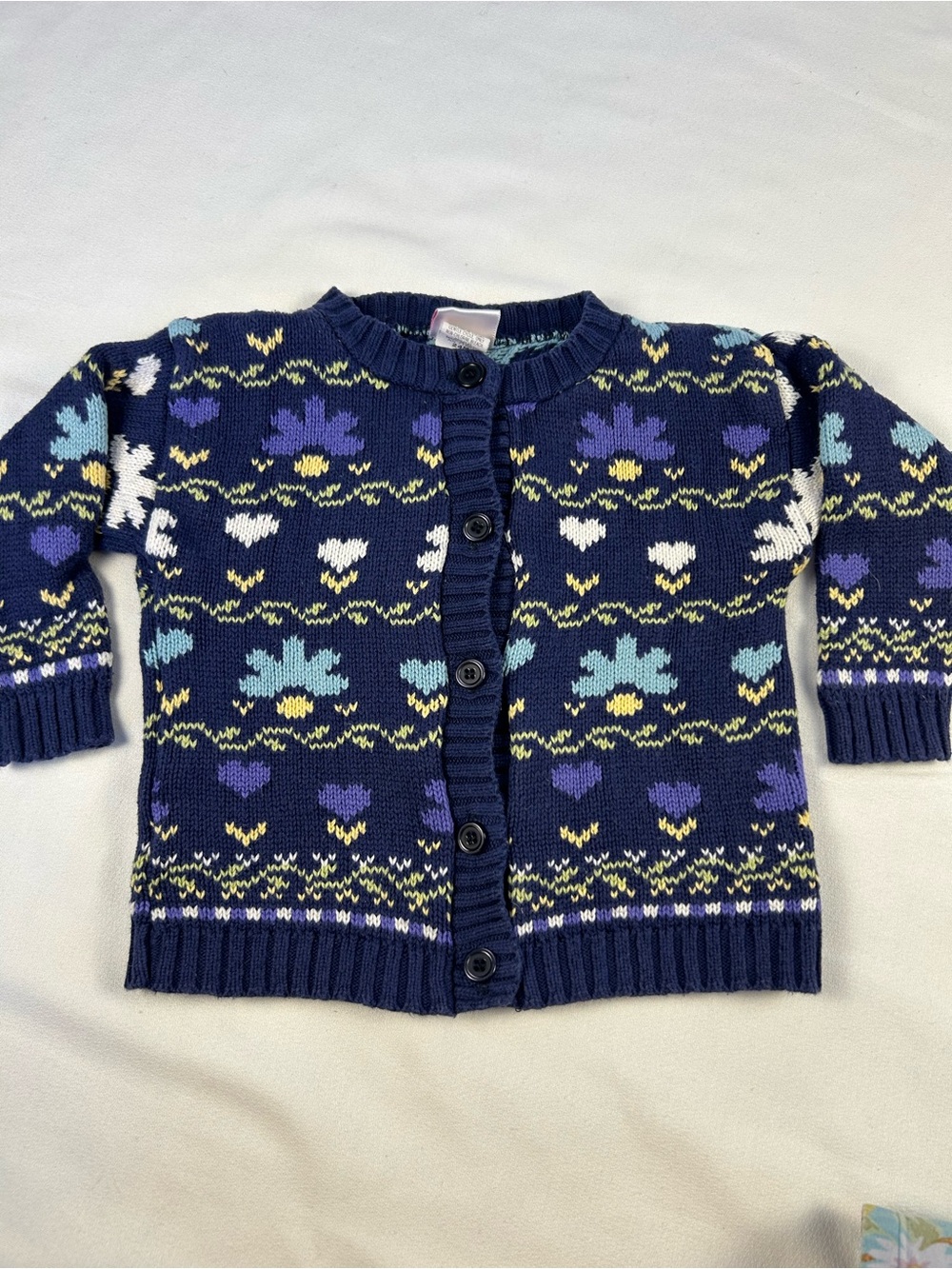 Vintage Carter’s Navy Blue Floral Heart Knit Baby Cardigan Sweater Size 24M USA